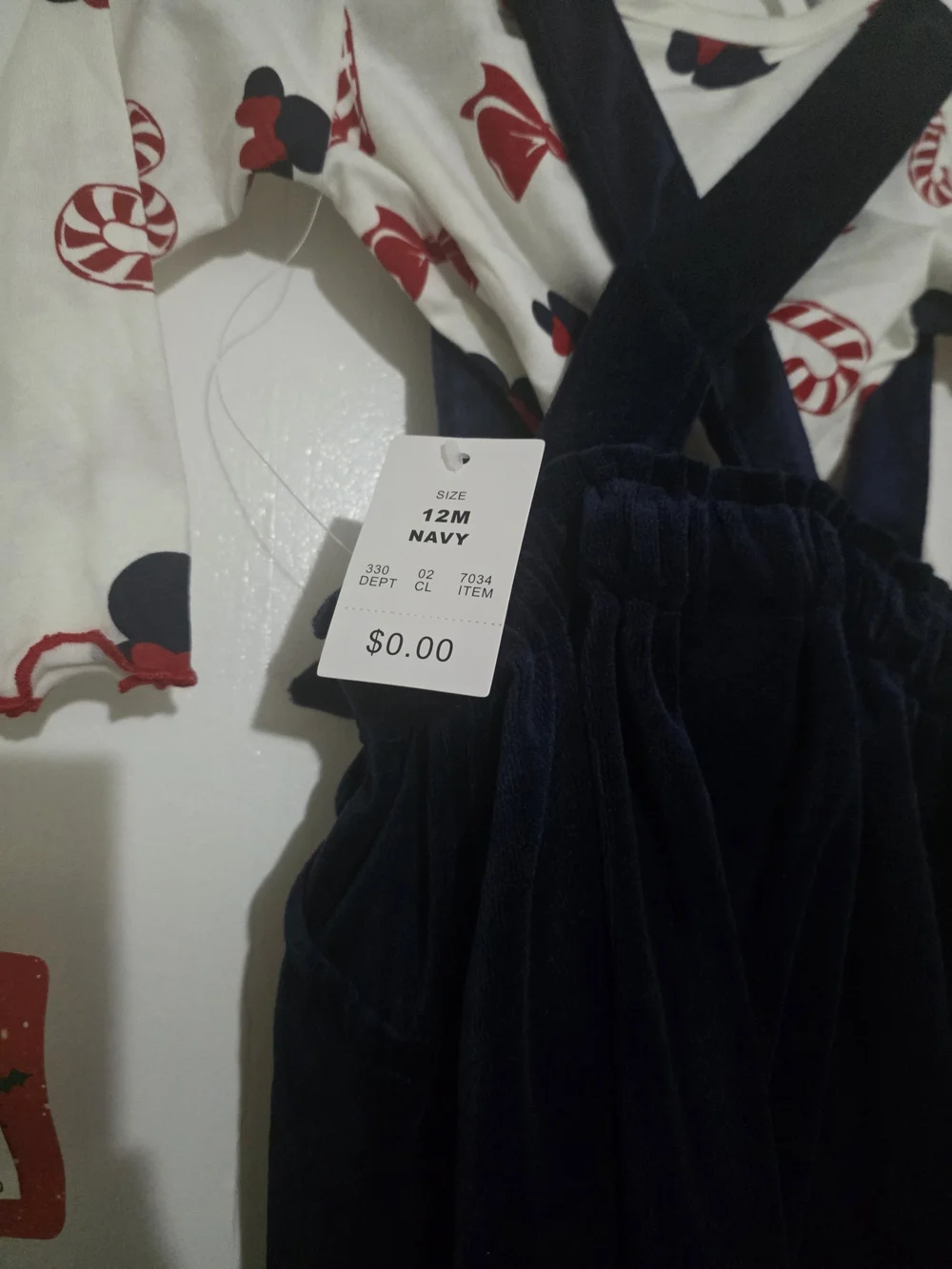Disney Minnie Mouse  Navy Velvet Suspender Skirt with White Red-Bow Print Top